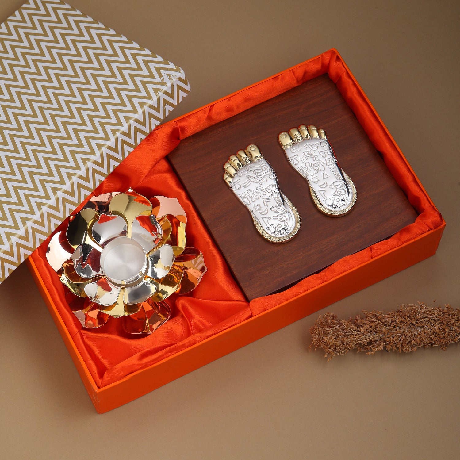 Divine Blessings Hamper: Laxmi Charan & Lotus Tea-Light Holder