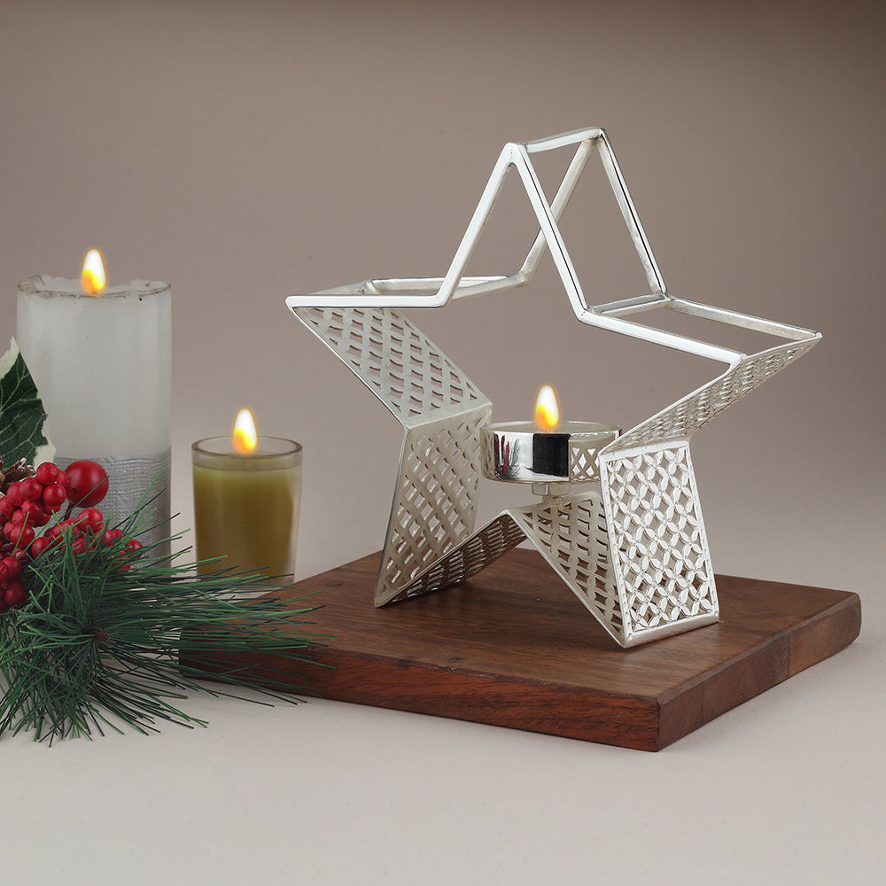 Silver-Plated Star Tea Light Holder with Jaali Design