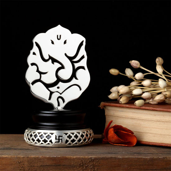 SILVER PLATED GANESHA ON WOODEN BASE