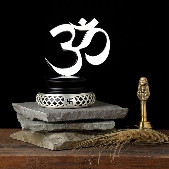 SILVER PLATED OM ON WOODEN BASE