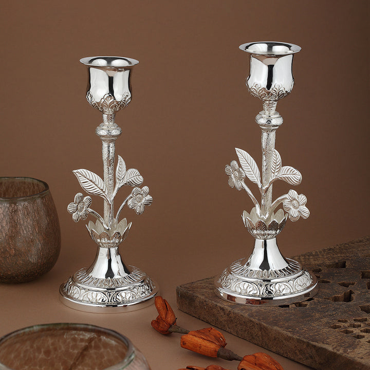 Exquisite Floral Silver-Plated Candle Holders – Set of Two