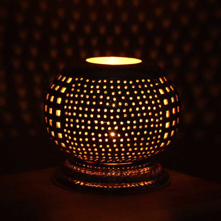 Silver-Plated Round Jaali  Candle Holder with Intricate Design