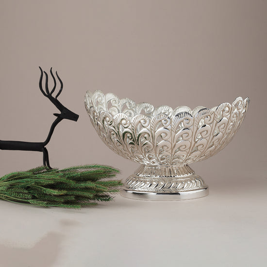 Floral and Leaf Motifs Silver-Plated Fruit Bowl